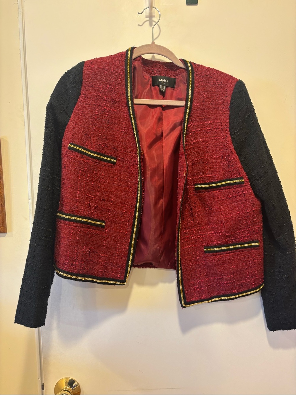 Mango Red Tweed Jacket with Black Sleeves and Gold Trim